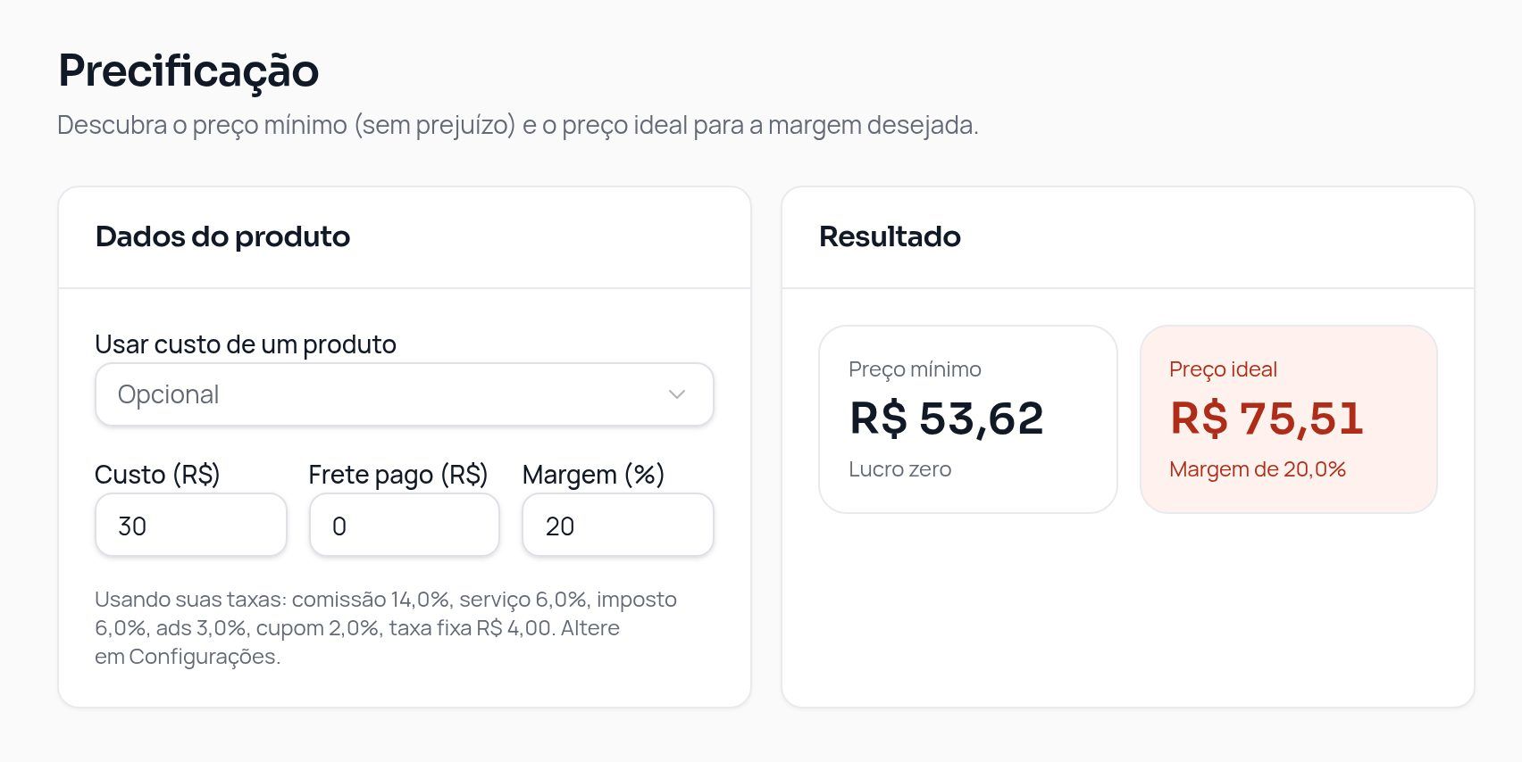 Calculadora de preço mínimo e ideal